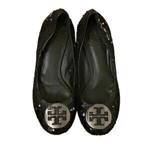 Tory Burch Black Leather Sparkle Sequin Logo Ballet Flats Size 6.5